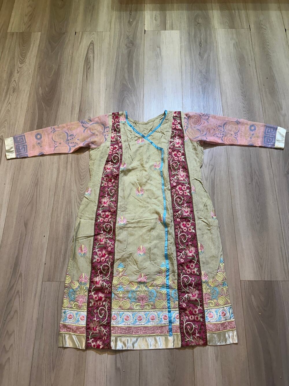 Pakistani Embroidered Olive Green Kameez Pink Sleeve Angrakha Kurta Dress L